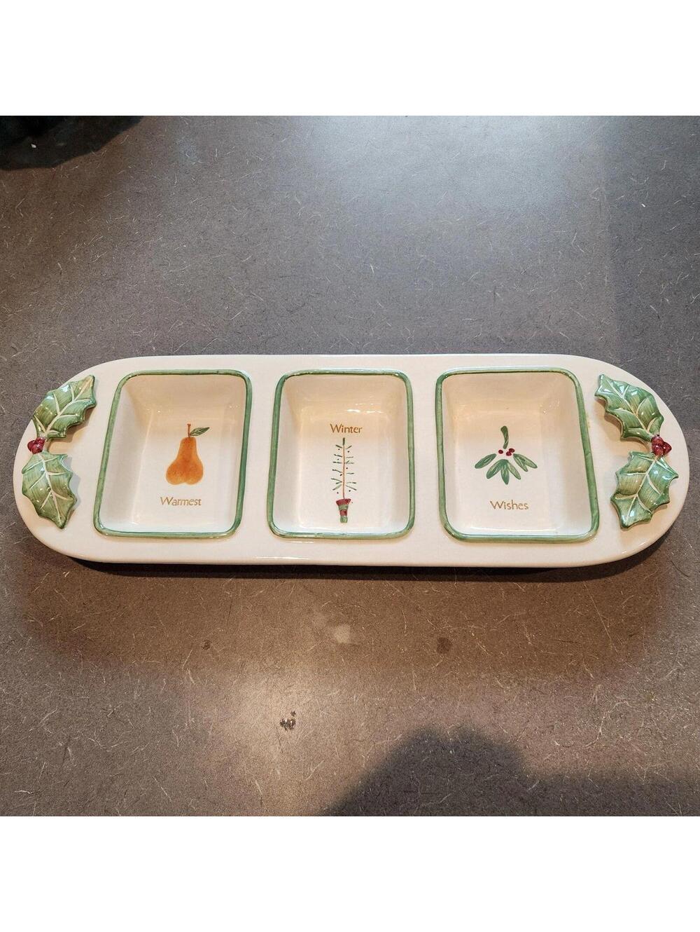 RUSS Berrie Christmas Holiday 3 Section Relish Tray Serving Dish Holly Mistletoe